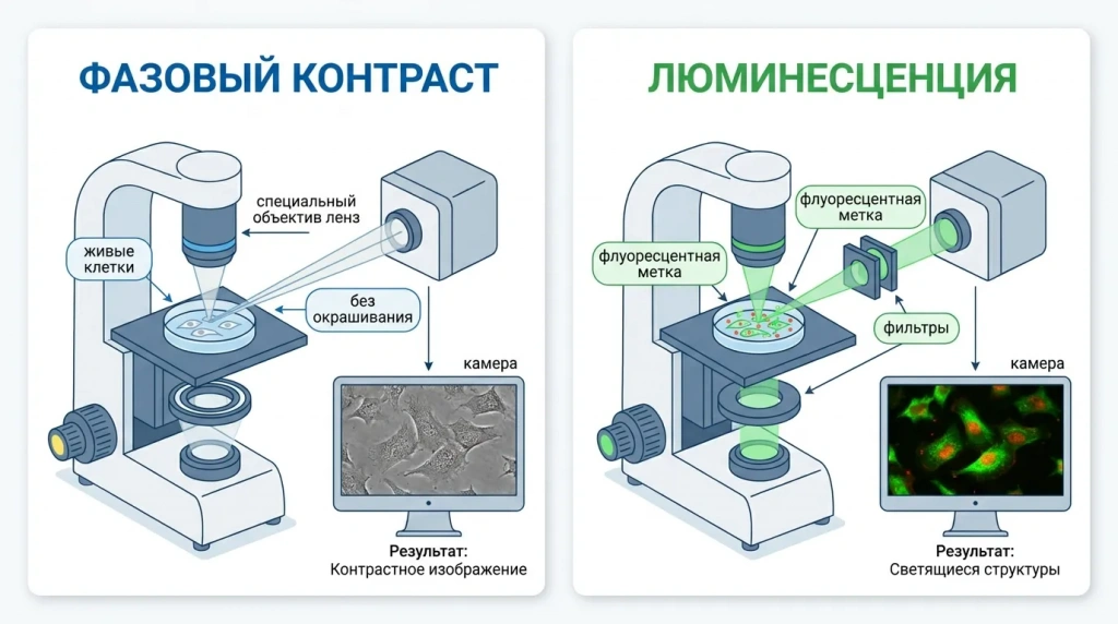 Сравнение фазово-контрастной и люминесцентной микроскопии